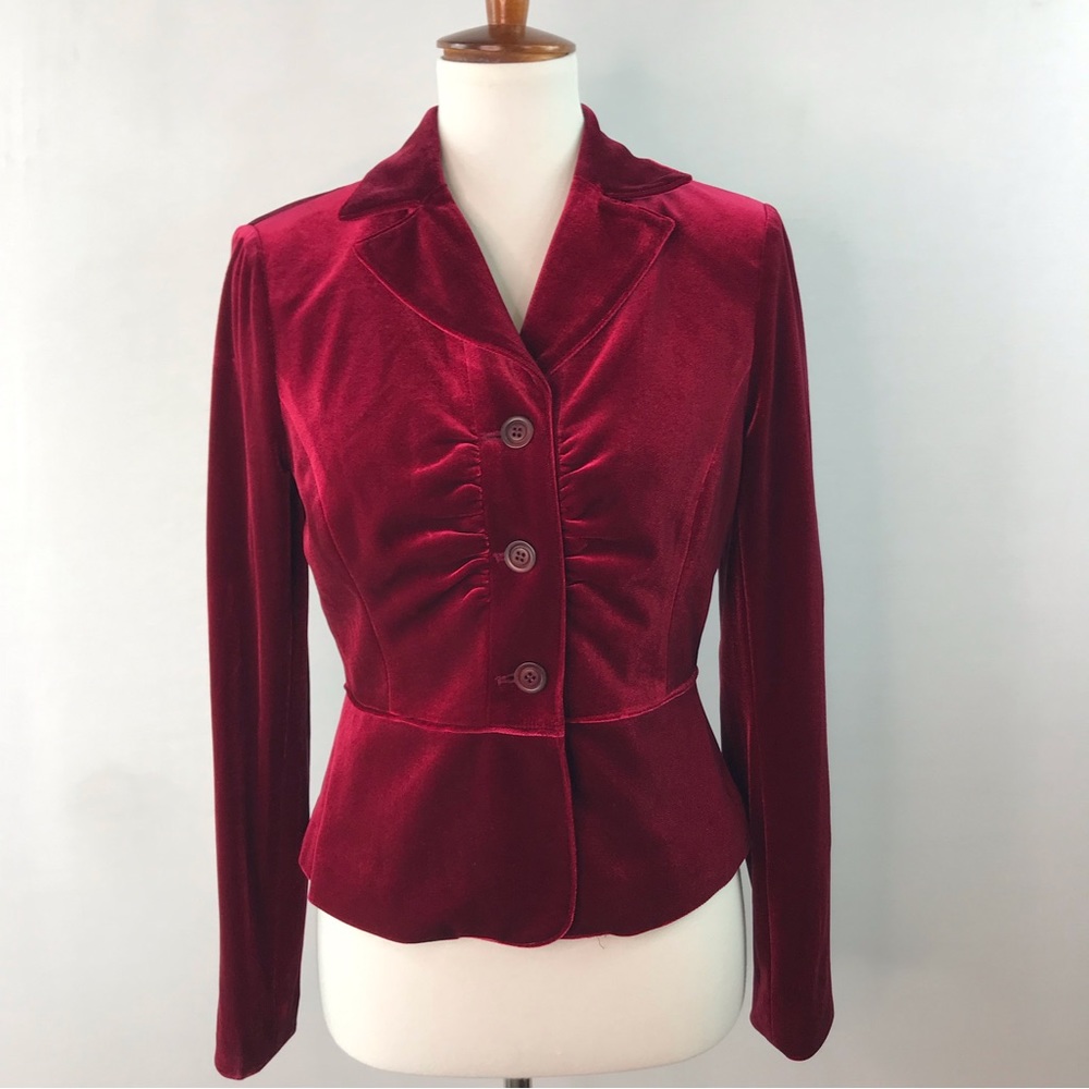 August Silk Berry Red Velore Velvet Ruched Button Front Jacket